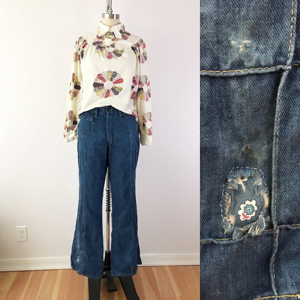SIZE L 70s Bell Bottom Flare Leg Jeans‎ Repaired Patchwork Boho
